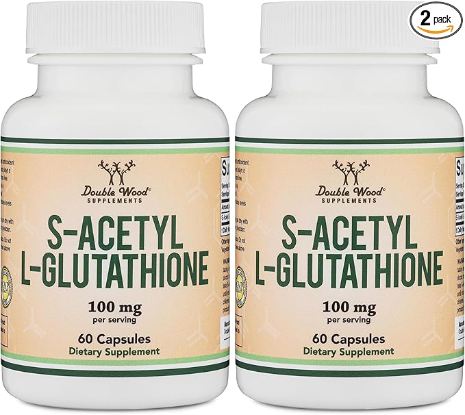 S-Acetyl L-Glutathione Capsules - 100mg 60 Count (Acetylated Glutathione Antioxidant - More Absorbable Than Glutathione and Liposomal Glutathione Non-GMO and Gluten Free) by Double Wood (Pack of 2)