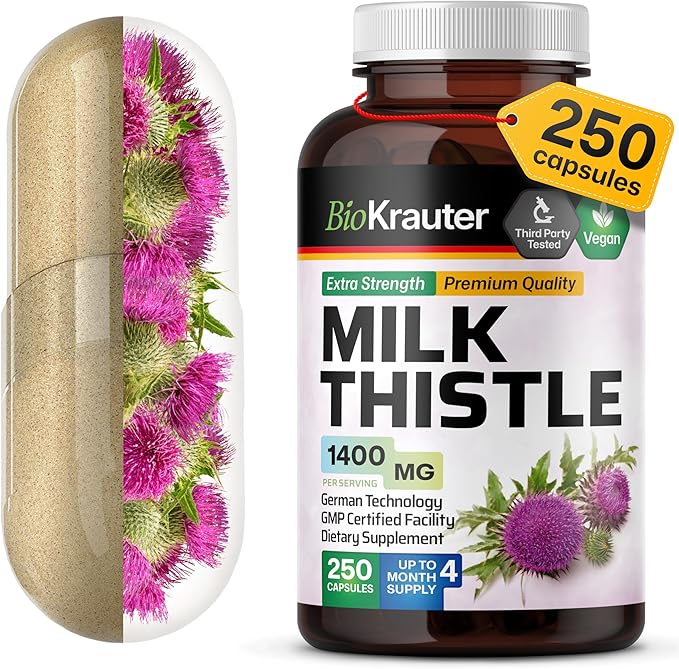 BIO KRAUTER® Milk Thistle Supplement for Liver Cleanse &amp Detox - Pure Vegan Milk Thistle Extract 1400 mg per Serving Сontains Silymarin - 250 Capsules 125 Days of Supply Non-GMO