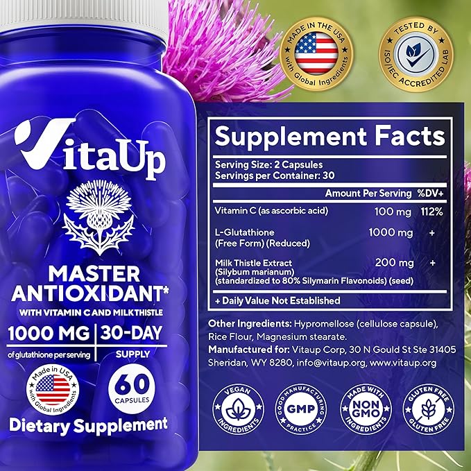 Reduced Glutathione Supplement 1000mg - USA Made Glutathione Capsules with Vitamin C &amp Milk Thistle for Liver Care Skin Support &amp Immune Well-Being - 60 Count