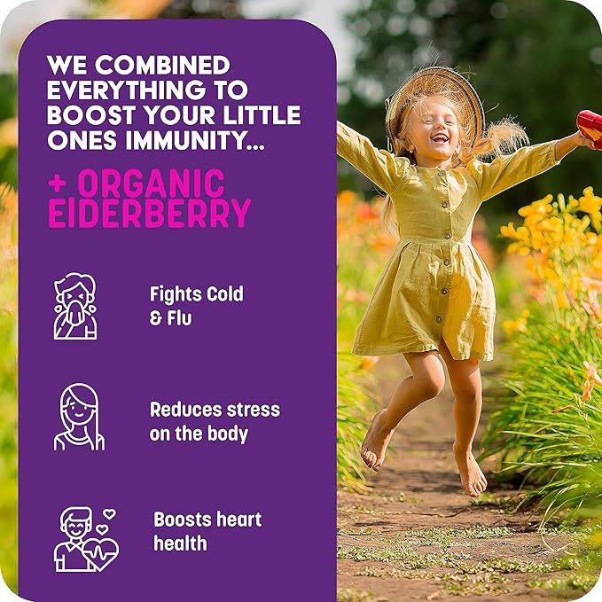 Liquid Kids Immune Support with Organic Elderberry Syrup - Vitamin C D E Zinc | Toddlers &amp Kids Vitamins Immune Support &amp Defense Booster | Sugar Free Vegetarian Immunity System Supplement