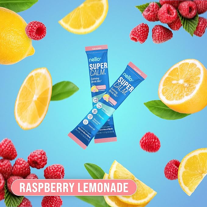 Nello Supercalm Drink Mix - Blue Coconut and Raspberry Lemonade KSM 66 Magnesium Glycinate &amp L-Theanine Supplement - Focus and Relaxation Support (2 x 20 Travel Packets)