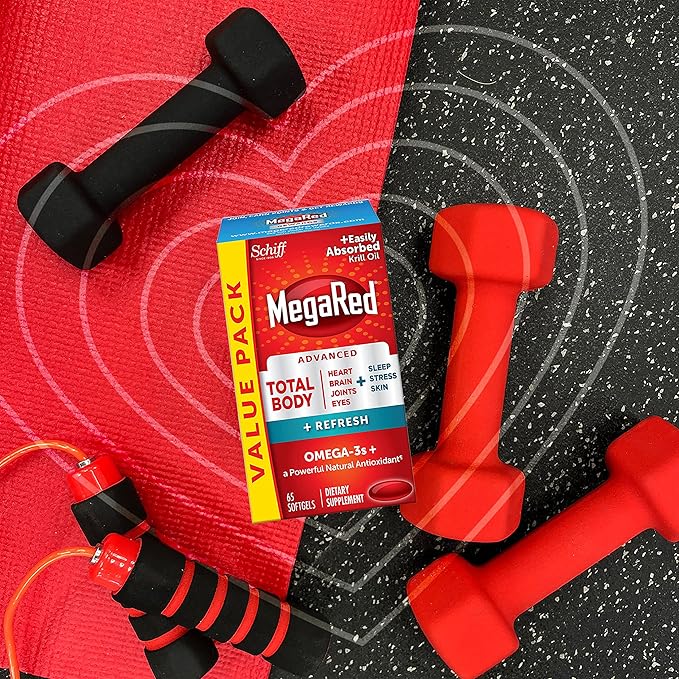 MegaRed Omega-3 Blend Total Body + Refresh 500mg Softgels (65 Count in a Bottle) Easily Absorbed Krill Oil to Support Your Heart Joints Brain &amp Eyes
