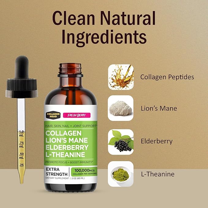 Collagen Mojo - Liquid Collagen Peptides for Women &amp Men with Lion's Mane Mushroom Elderberry &amp L-Theanine and Ashwagandha Elderberry &amp L-Theanine - for Hair Skin Nails Join Support -