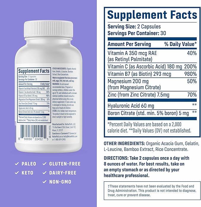 NativePath Collagen Care+ 5 Vitamin Blend with Hyaluronic Acid and Boron that Supports Collagen for Men and Women 60 Capsules