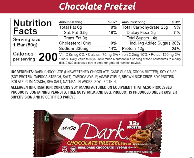 NuGo Dark Variety - Pretzel w/Sea Salt 12 bars &amp New! Chocolate Almond w/Sea Salt 12 bars 12g Protein Bar Vegan Gluten Free Non-GMO Kosher Pareve 24 count