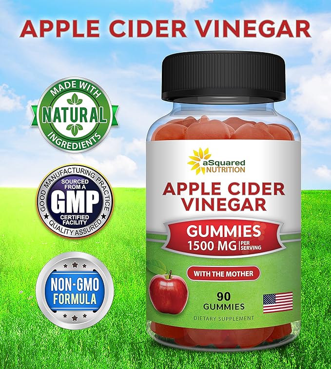 aSquared Nutrition Apple Cider Vinegar Gummies - 1500mg Per Serving - with The Mother - 90 ACV Gummies w/Vitamin B6 &amp B12 Folic Acid - Vegan Gummy Supplement Alternative to Capsules Pills (Pack o