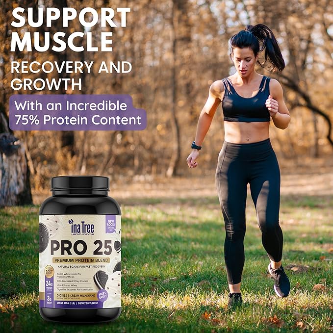 Pro 25 Premium Protein Blend Ultra-Pure Whey Protein Powder with Natural BCAAS for Fast Recovery Digestive Enzymes for Absorption Low Sugar Cookies and Cream Milkshake (2lb)