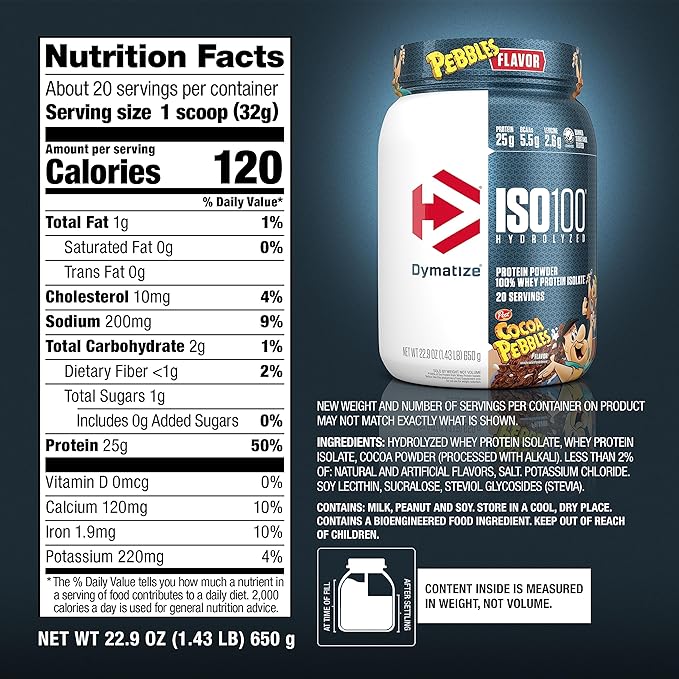 Dymatize x Cocoa Pebbles ISO100 Whey Protein Powder Isolate 25g of Protein 20 Servings 5.5g BCAAs 120 Cal. Gluten Free 1g Fat 1g Sugar 2g Carb