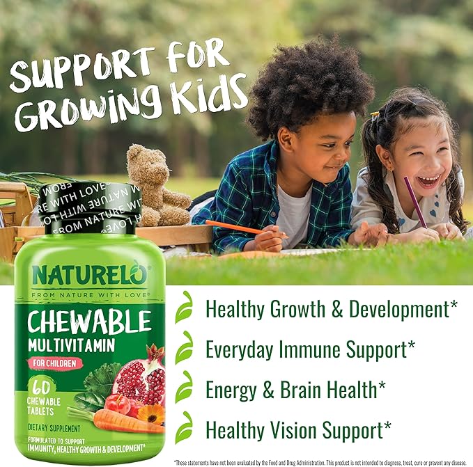 NATURELO Teen Multivitamin - 60 Capsules and Chewable Vitamin for Kids - 60 Tablets Bundle