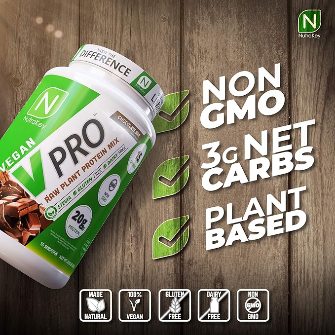 NutraKey V-Pro Raw Plant Protein Powder Organic Vegan Low Carb Gluten Free with with 20g of Protein (Chocolate) 2-Pound