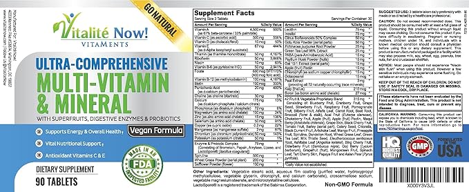Vegan Whole Food Multivitamin &amp Mineral - Vitamins A B1 B2 B6 B12 C D3 E &amp 110 Super Foods Herbs Greens &amp Reds - Enzymes &amp Probiotics for Immune Support - Energy Boost - 90 Tablets