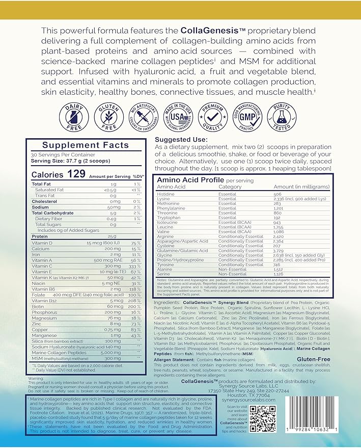CollaGenesis™ – 25g Protein Marine Collagen Peptides MSM &amp Hyaluronic Acid Complete Amino Acid Profile Vitamins &amp Minerals Collagen Support Cofactors – Synergy Blend – Unflavored