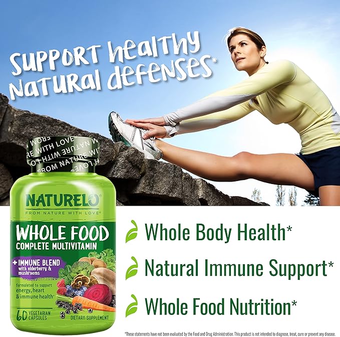 NATURELO Whole Food Multivitamin + Immune Blend with Elderberry &amp Mushrooms - Complete Multivitamin with Extra Immune Support - C D3 Zinc Elderberry Reishi Shitake - 60 Vegan Capsules