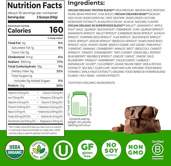 Orgain Organic Vegan Protein + 50 Superfoods Powder Creamy Chocolate Fudge - 21g Plant Based Protein 9g Prebiotic Fiber No Lactose Gluten Free No Added Sugar 2.02 lb (Packaging May Vary)