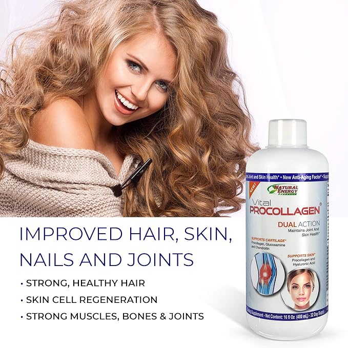 Natural Energy Vital Procollagen - Liquid Hydrolyzed Collagen Protein with Hyaluronic Acid and Glucosamine Chondroitin Sulfate Anti-Aging Factor for Men and Women 16oz |New Snickerdoodle Flavor|