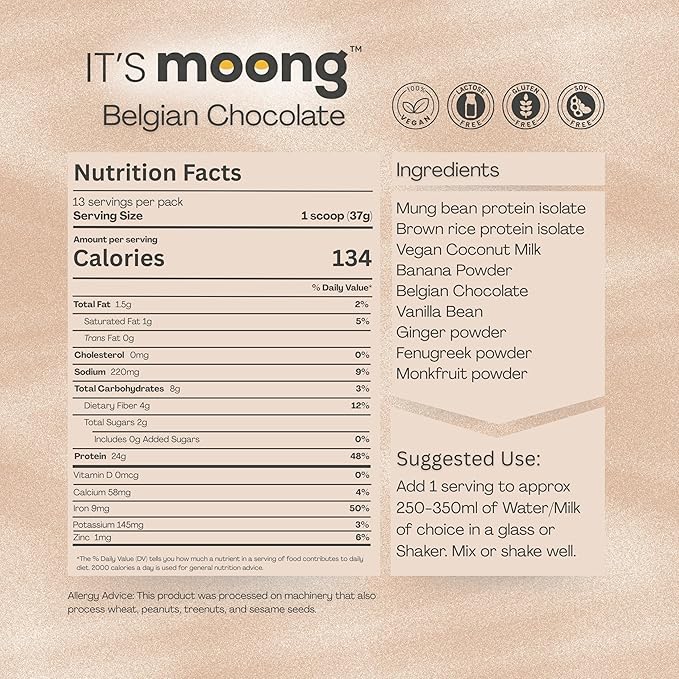 It’s Moong Plant Protein Powder Belgian Chocolate | Mung Bean &amp Brown Rice Protein Isolate Ginger &amp Fenugreek 24g Protein &amp 4.7g BCAA | Vegan Gluten Free Dairy Free Sugar Free | 17.6