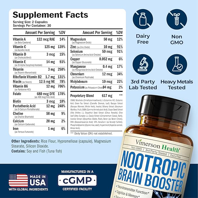 Nootropics Brain Support Supplement - Nootropic Brain Booster for Improved Focus Concentration &amp Memory. Brain Nootropic for Brain Health Mood &amp Energy Support. Non-GMO. Made in the USA. 60