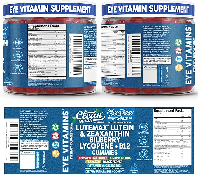 Clean Nutra Lutein and Zeaxanthin Eye Vitamins Gummies + Bilberry for Eyes Vision Support Ginkgo Biloba Marigold Vitamin B12 Flaxseed Black Pepper CoQ10 Vitamin A l 60 Count B OcuFlow