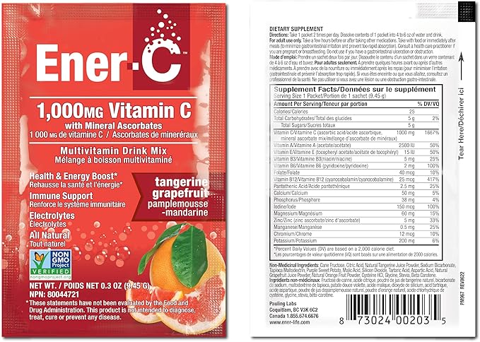Ener-C Tangerine &amp Grapefruit Multivitamin Drink Mix 1000mg Vitamin C Non-GMO Vegan Real Fruit Juice Powders Natural Immunity Support Electrolytes Gluten Free 2-Packs of 30 (60 Count)