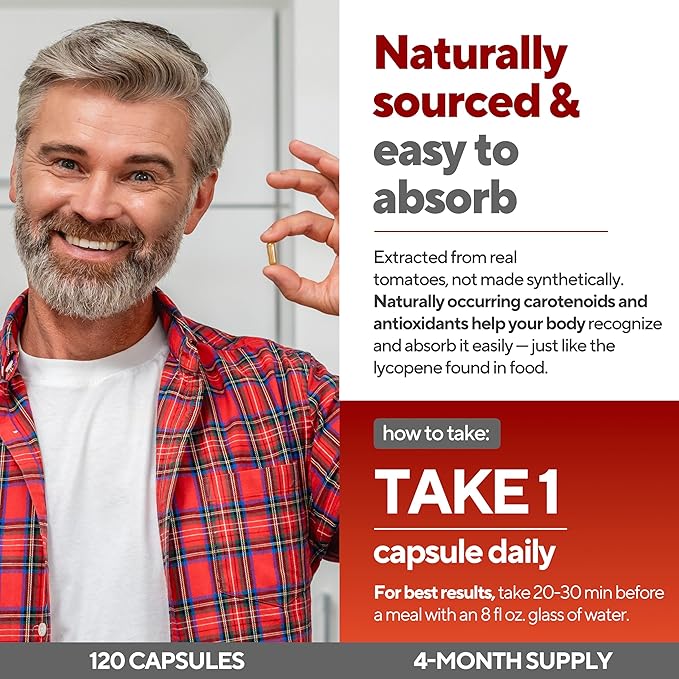 Lycopene Supplements for Men – USA Made Prostate Supplements for Men with Natural Tomato Extract – Non-GMO Lycopene Supplement for Normal Prostate Skin &amp Antioxidant Support – 120 Count