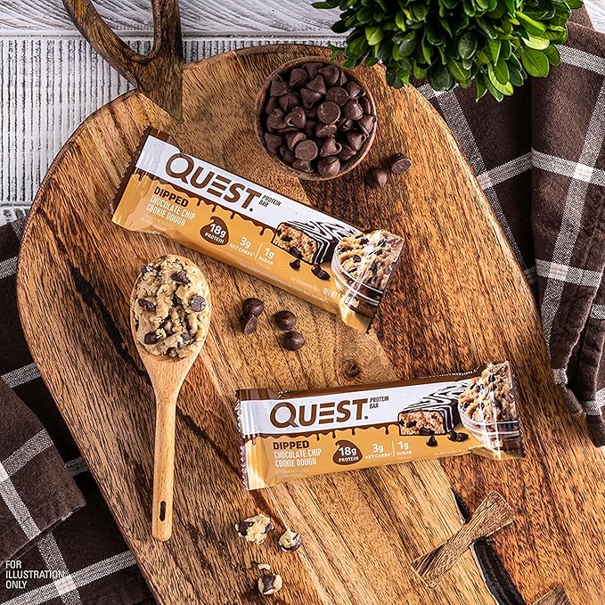 Quest Nutrition Dipped Chocolate Chip Cookie Dough Protein Bars 18g Protein 3g Net Carbs Gluten Free 1.76 Oz 12 Count