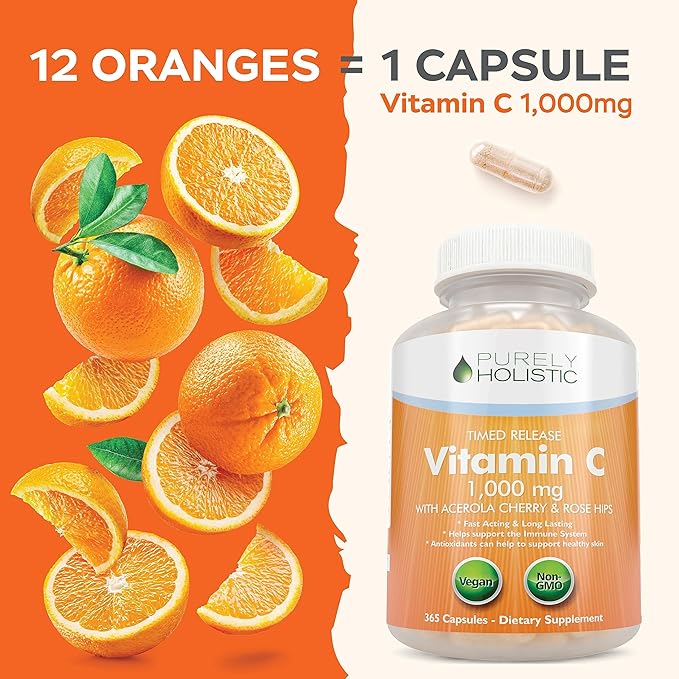 Purely Holistic Vitamin C 1000mg + Organic Turmeric Curcumin 700mg &amp Bioperine - 365 + 120 Capsules - Vegan Bundle - with Rosehip &amp Acerola Cherry - Made in USA