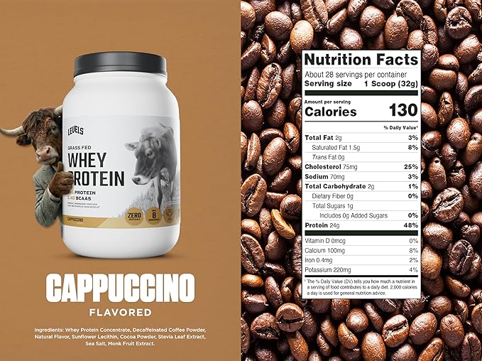 Levels Grass Fed Whey Protein Powder No Artificials 24G of Protein Cappuccino 2LB