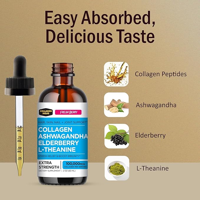 Collagen Mojo - Liquid Collagen Peptides for Women &amp Men with Lion's Mane Mushroom Elderberry &amp L-Theanine and Ashwagandha Elderberry &amp L-Theanine - for Hair Skin Nails Join Support -