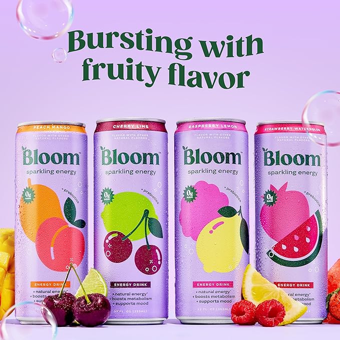 Bloom Nutrition Sparkling Energy Drink Variety Pack | Zero Sugar | 180mg Caffeine | Antioxidant-Rich | 24 Pack