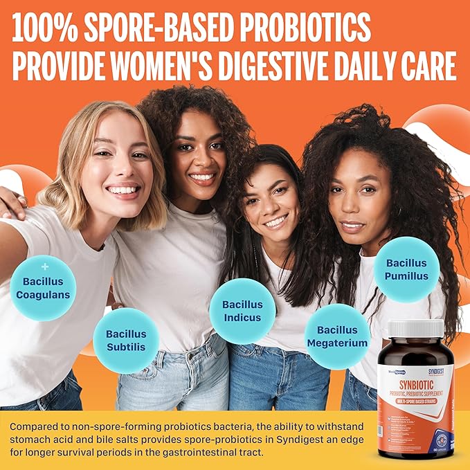 Syndigest probiotic daily care for women &amp men with dual benefit of 5 probiotic &amp prebiotic strains balance gut health &amp relieves constipation travel friendly 30 capsules (2 billions CF