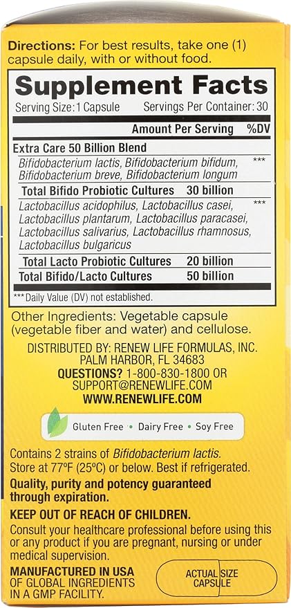 Renew Life Extra Care Digestive Probiotic Capsules 50 Billion CFU Guaranteed Daily Supplement Supports Immune Digestive Respiratory Health(1) L. Rhamnosus GG Dairy Soy and Gluten-Free 30 Count