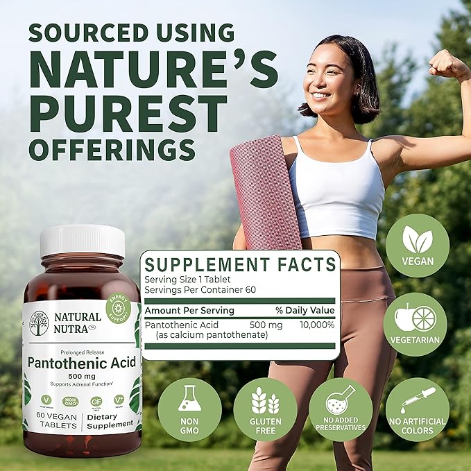 Natural Nutra Time Release Pantothenic Acid 500 mg Vitamin B5 Supplement Helps Break Down Fat and Carbohydrates Metabolism and Energy Improve Muscle Health 60 Vegetarian Tablets (3 Pack)