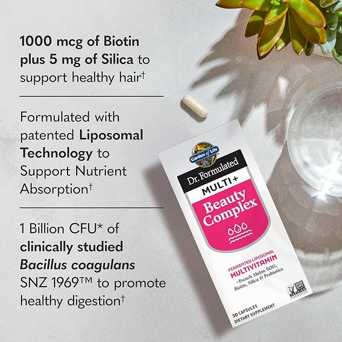 Garden of Life Dr Formulated Multi+ Beauty Complex Fermented Liposomal Multivitamin Plus Hair Skin and Nails Vitamins French Melon SOD Biotin &amp Probiotics 30 Capsules Supplement for Women &amp