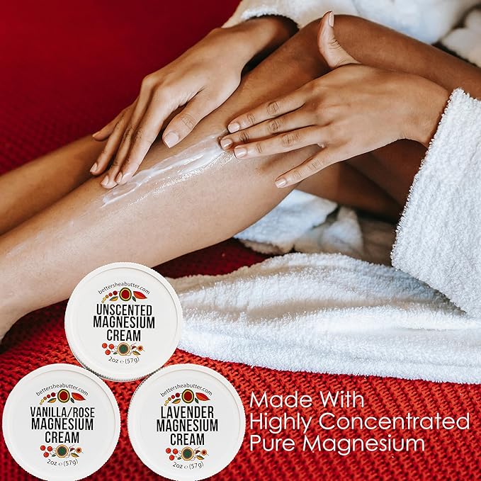 Better Shea Butter Magnesium Cream Variety Pack | for Leg Cramps | Vanilla Rose Unscented and Lavender Travel Size Lotion Minis for Women and Men | Safe for Pregnancy Kids &amp Babies 3 x 2oz Jars