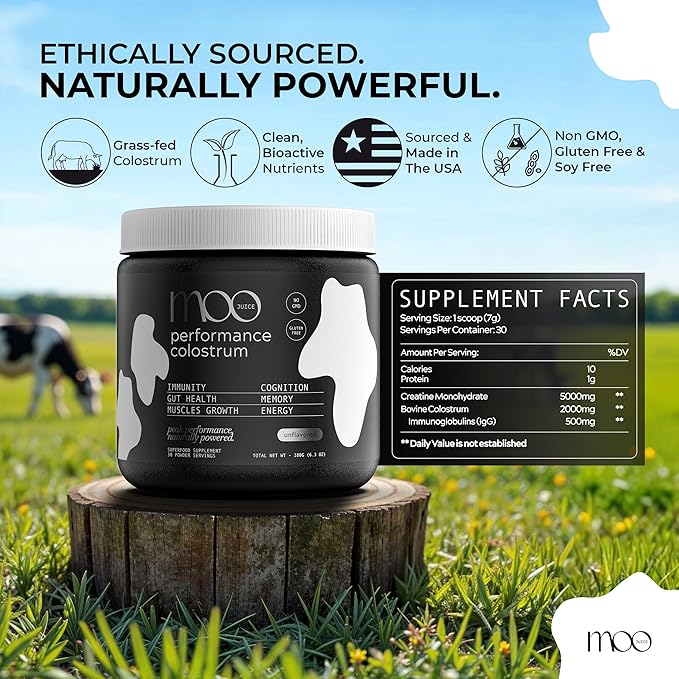 Moo Juice Colostrum Powder with Creatine Monohydrate | 2000mg Grass-Fed Bovine Colostrum + 5000mg Creatine | Bloat-Free Performance Combo | Unflavoured 6.3oz