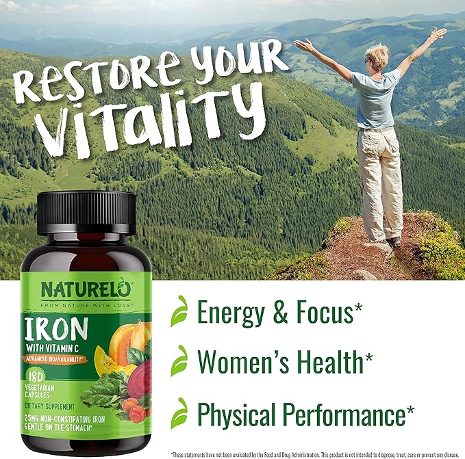 NATURELO Vegan Iron Supplement with Vitamin C and Organic Whole Foods - Gentle Iron Pills for Women &amp Men with Iron Deficiency Including Pregnancy Anemia and Vegan Diets - 180 Mini Capsules