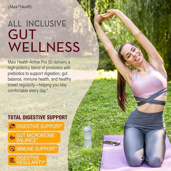 Maxi Health Probiotic Plus Ultimate Prebiotic Advanced Live Probiotics Formula - 50 Billion Live Active Probiotic - 15 Strains - Ultra Protection - Active Pro-50-30 Count
