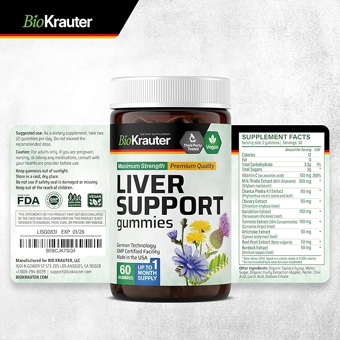 BIO KRAUTER® 9-in-1 Liver Detox with Vitamin C Milk Thistle Turmeric Dandelion Root Beet Root Chanca Piedra for Liver Support - Vegan Liver Supplement 60 Gummies 30 Days of Supply - Non-GMO
