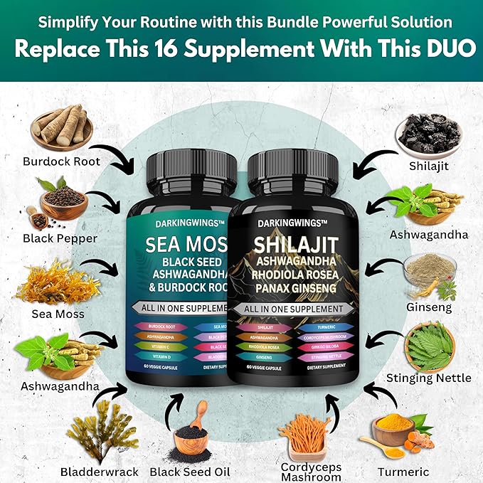 Shilajit Sea Moss and Moring for Men Combo Bundle Capsule with Ashwagandha Turmeric Curcumin Extract Supplement - Complete Vitality Formula