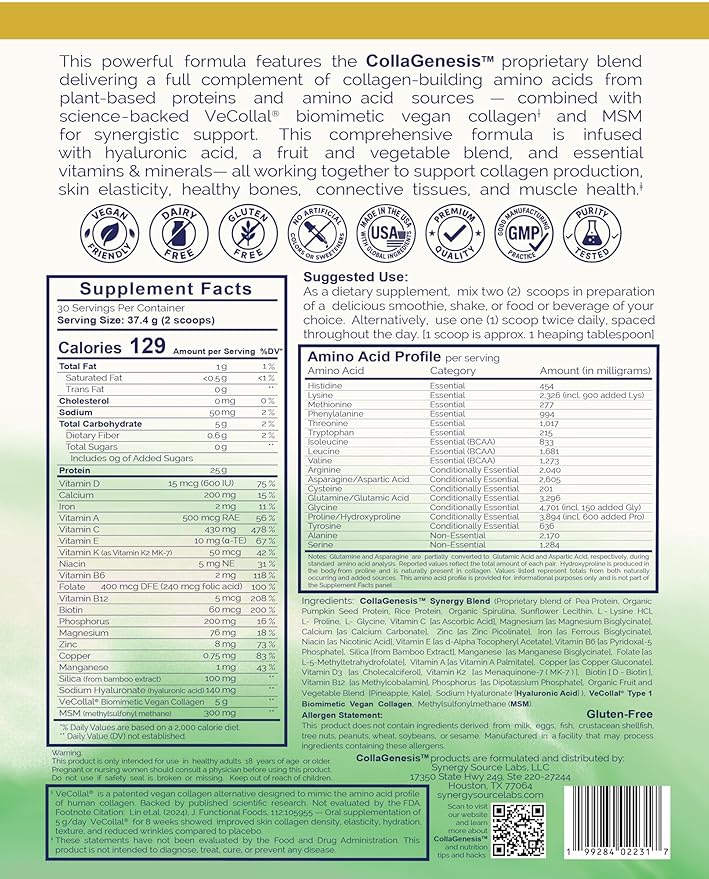 CollaGenesis™-V – 25g Protein Vegan Collagen MSM &amp Hyaluronic Acid Complete Amino Acid Profile Vitamins &amp Minerals Collagen Support Cofactors – Vegan Synergy Blend – Unflavored