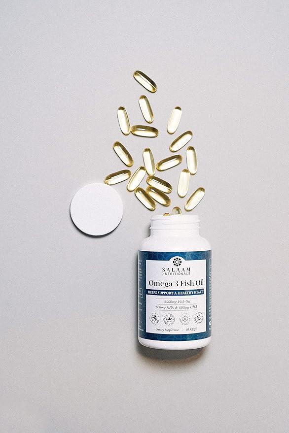 Salaam Nutritionals Halal Fish Oil Burpless Omega 3 DHA+ EPA 2000mg for Heart Eye Brain and Joint Health.