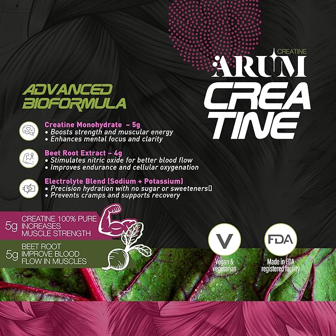 ARUM Creatine with Beetroot &amp Electrolytes – Micronized Creatine Monohydrate Powder 5g + Beet Extract 4g – Muscle Strength Endurance Hydration &amp Recovery – Vegan Sugar-Free 30 Servings