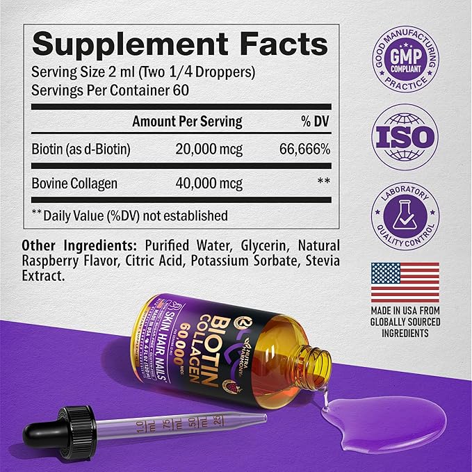 Liquid Biotin &amp Collagen 60000 mcg - Vitamins for Hair Growth Support - Extra Strength Drops for Women &amp Men - Liquid Collagen Supplement - Strong Nails &amp Healthy Skin - Made in USA - 4 F