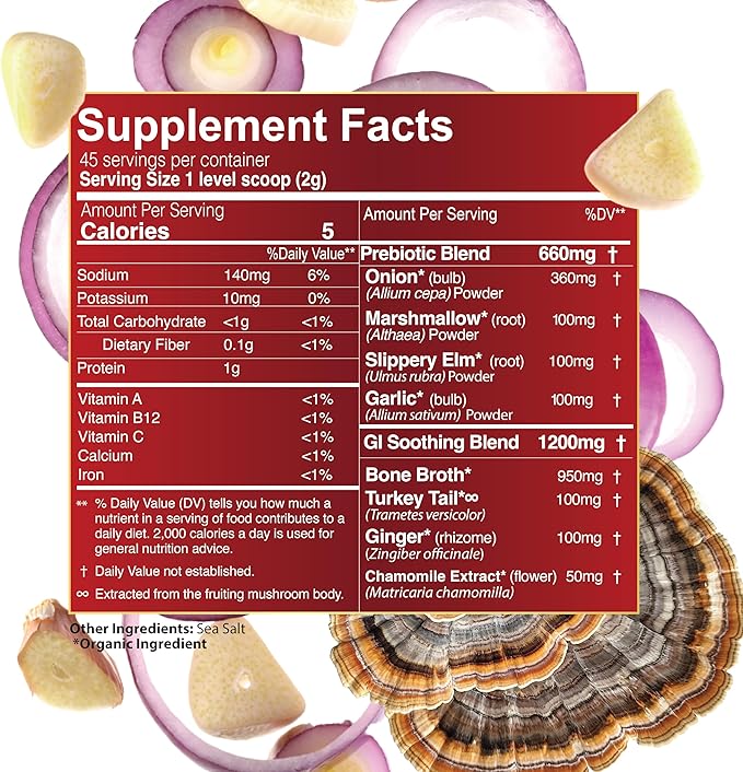 One Farm Superfood Powder Gut Health Organic Gut Soothing Blend and Prebiotic Blend Non-GMO Prebiotics with Bone Broth Turkey Tail Mushroom Slippery Elm and Marshmallow Root for GI Health