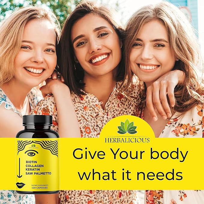 HERBALICIOUS Biotin Collagen Keratin Capsules with Saw Palmetto – Hair Skin Nails Support Formula with Vitamin C – 10000 mcg Biotin – Made in USA – 120 Capsules