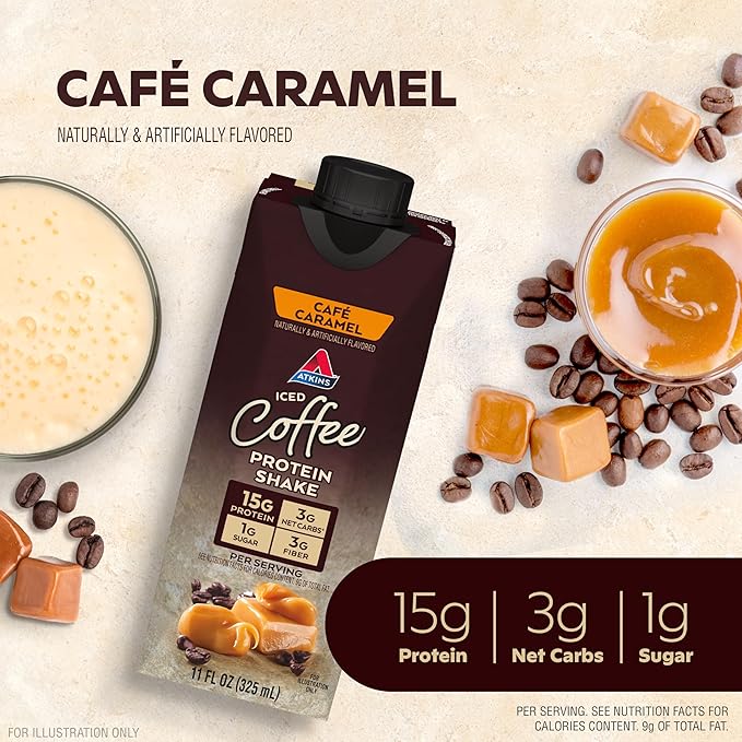 AtkinsCafé Caramel Iced Coffee Protein Shake 15g Protein Low Glycemic 3g Net Carb 1g Sugar &amp Creamy Vanilla Protein Shake 15g Protein Low Glycemic 2g Net Carb 1g Sugar Keto Friendly