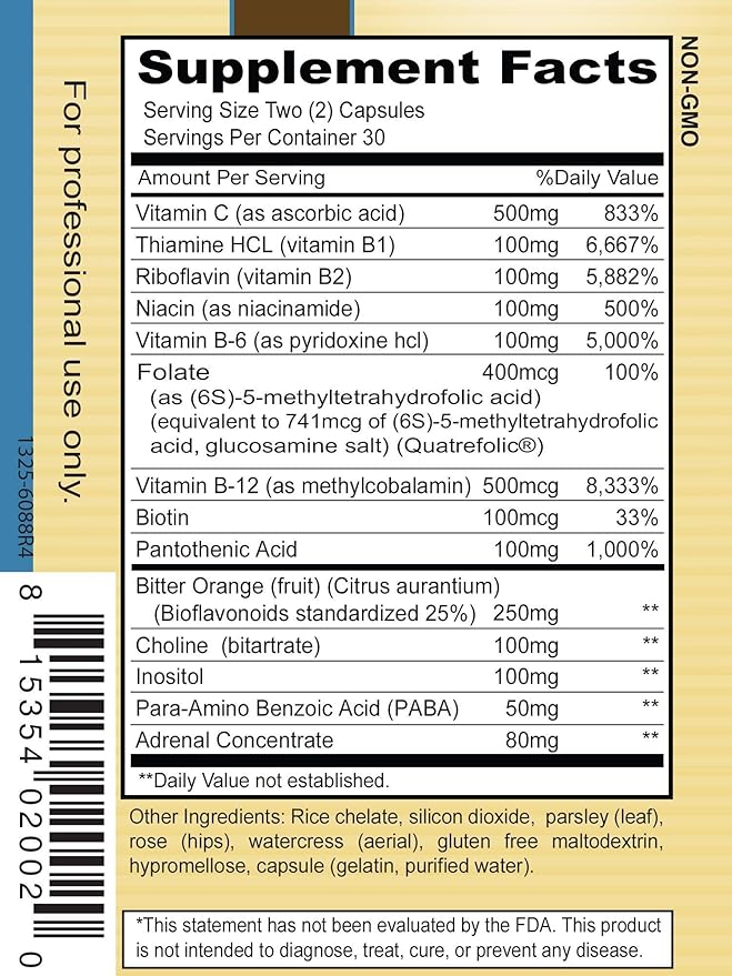 Priority One Vitamins Stress B &amp C 60 Capsules - B Complex with Whole Gland Adrenal to Support Healthy Nerves Skin Eyes gastrointestinal and Brain Functions.*
