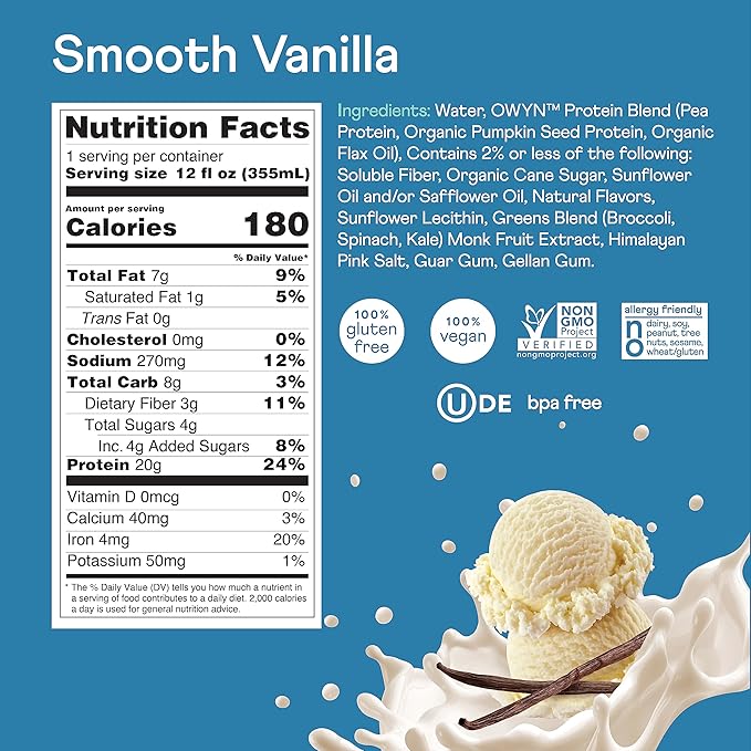 OWYN Only What You Need Smooth Vanilla Flavored Protein Shake 20g Protein 4g Sugar 3g Fiber Dairy Free Plant Based Protein Drink 12 Count