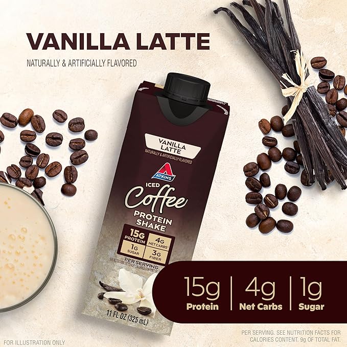 Atkins Iced Coffee Vanilla Latte Protein Shake 15g Protein 4g Net Carb Keto Friendly &amp Chocolate Crème Protein Wafer Crisps 10g Protein 4g Net Carb 5 Count
