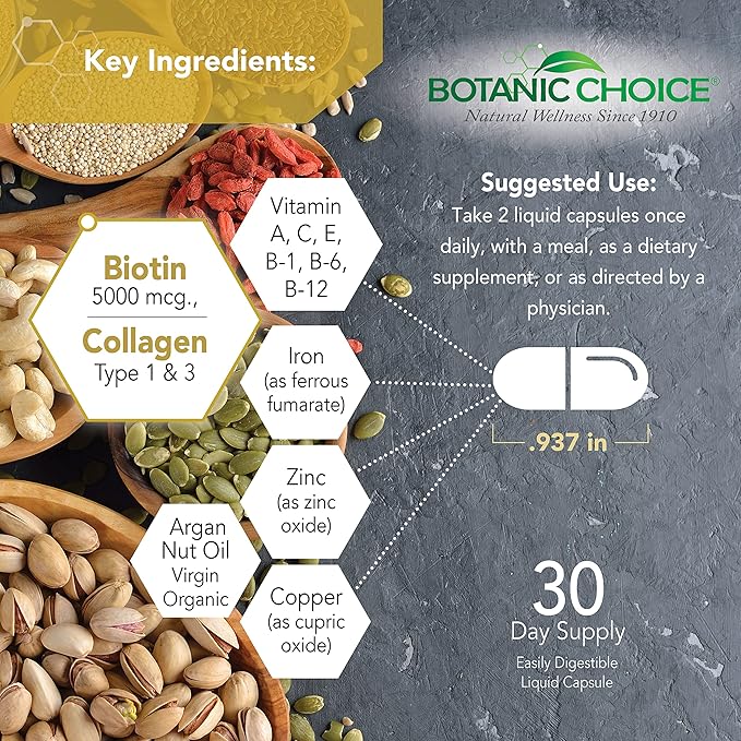 Botanic Choice Hair Skin and Nails Vitamins - Biotin Supplement with Collagen Vitamin C &amp Iron - Super Antioxidant Blend with Argan Oil &amp Hyaluronic Acid - 60 Liquid Capsules
